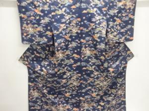未使用品　山並みに花鳥模様手織り紬着物